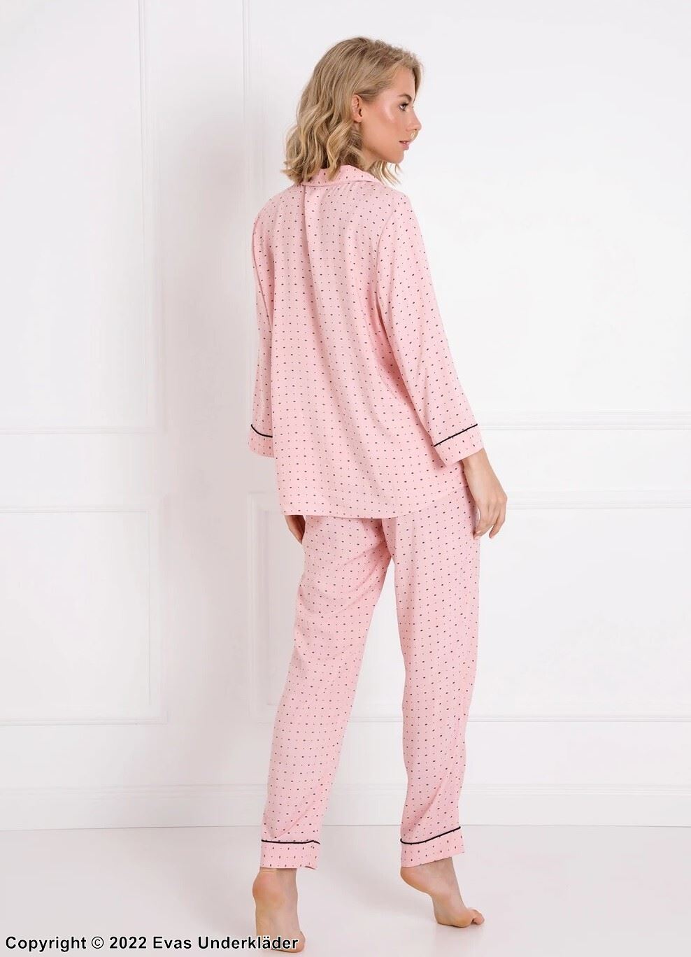 Pyjamas med top och byxa, långa ärmar, ficka och rosett, små prickar